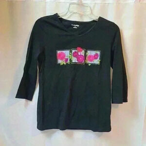 Breckenridge Emrboidered Floral Black Quarter Sleeve Blouse